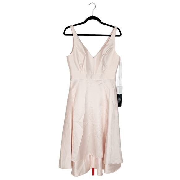 ALFRED SUNG High Low Satin Twill V Neck Dress in Blush - Picture 2 of 8